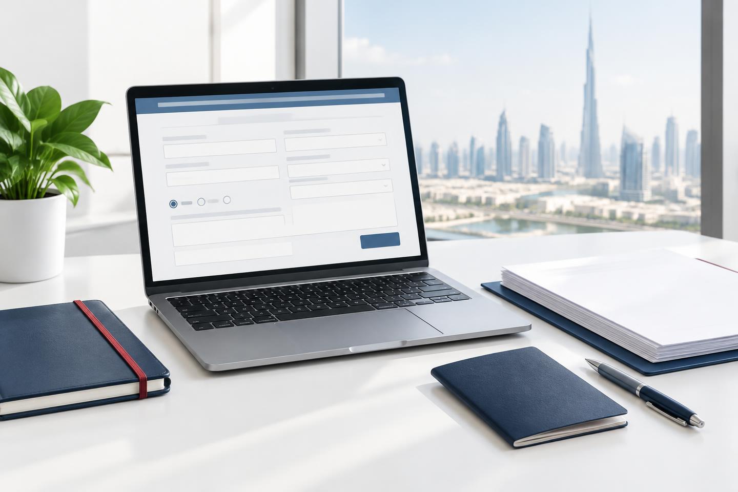 AI-generated editorial image of a laptop with a generic application form and organised documents