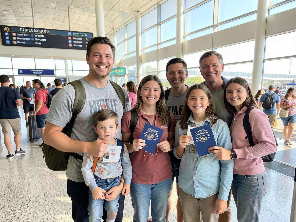 Family holding US passports with approved visas at the airport