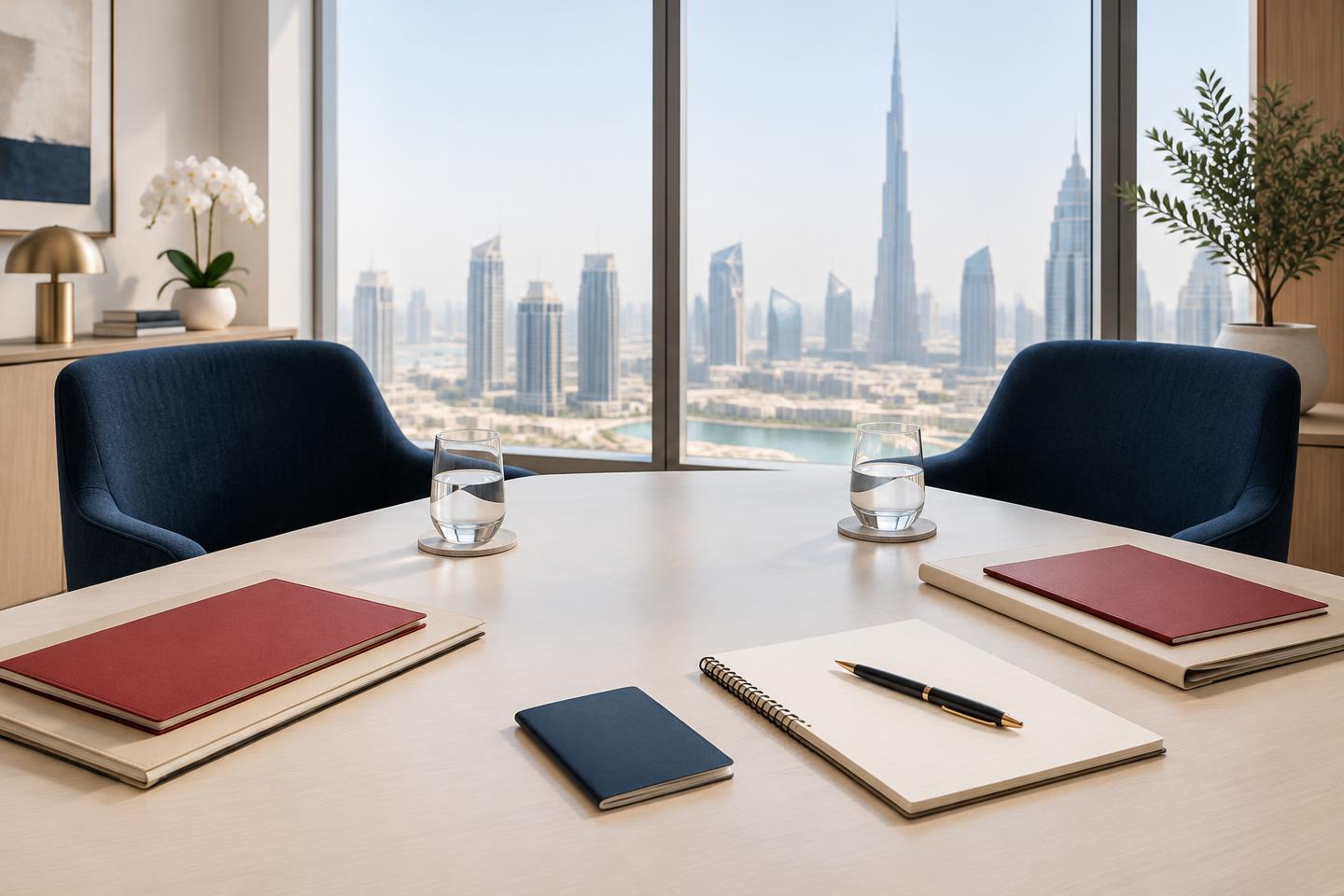 AI-generated editorial image of an empty meeting room arranged for interview preparation