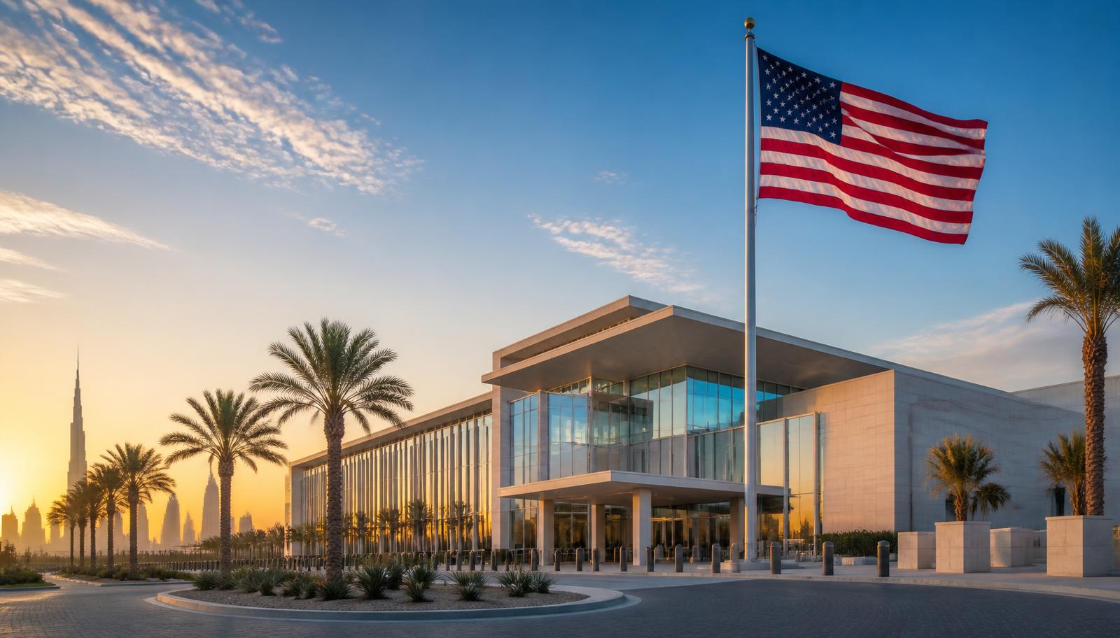 US consulate building in the UAE with the American flag flying at sunset