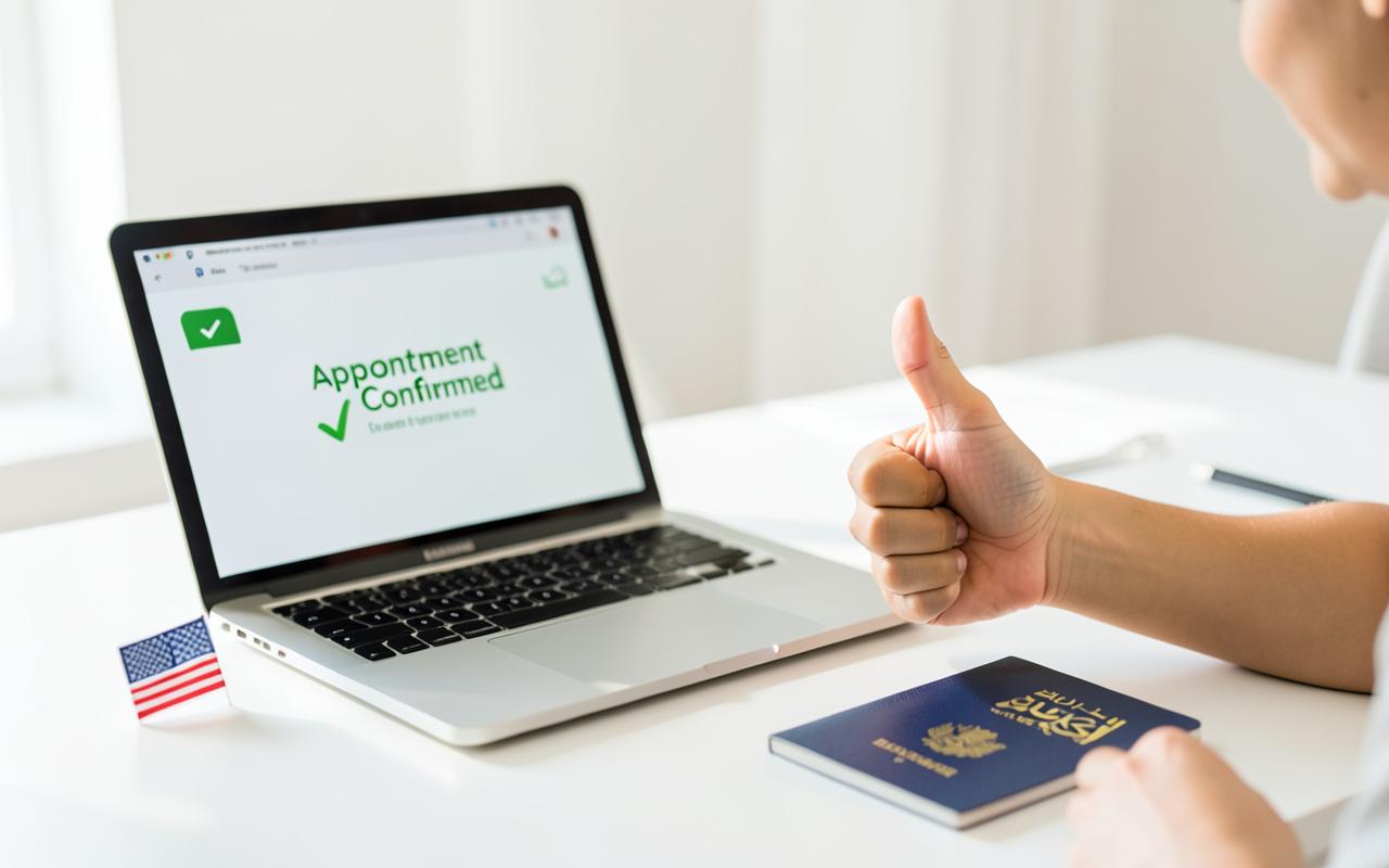 Thumbs-up beside a laptop showing a confirmed US visa appointment with a UAE passport